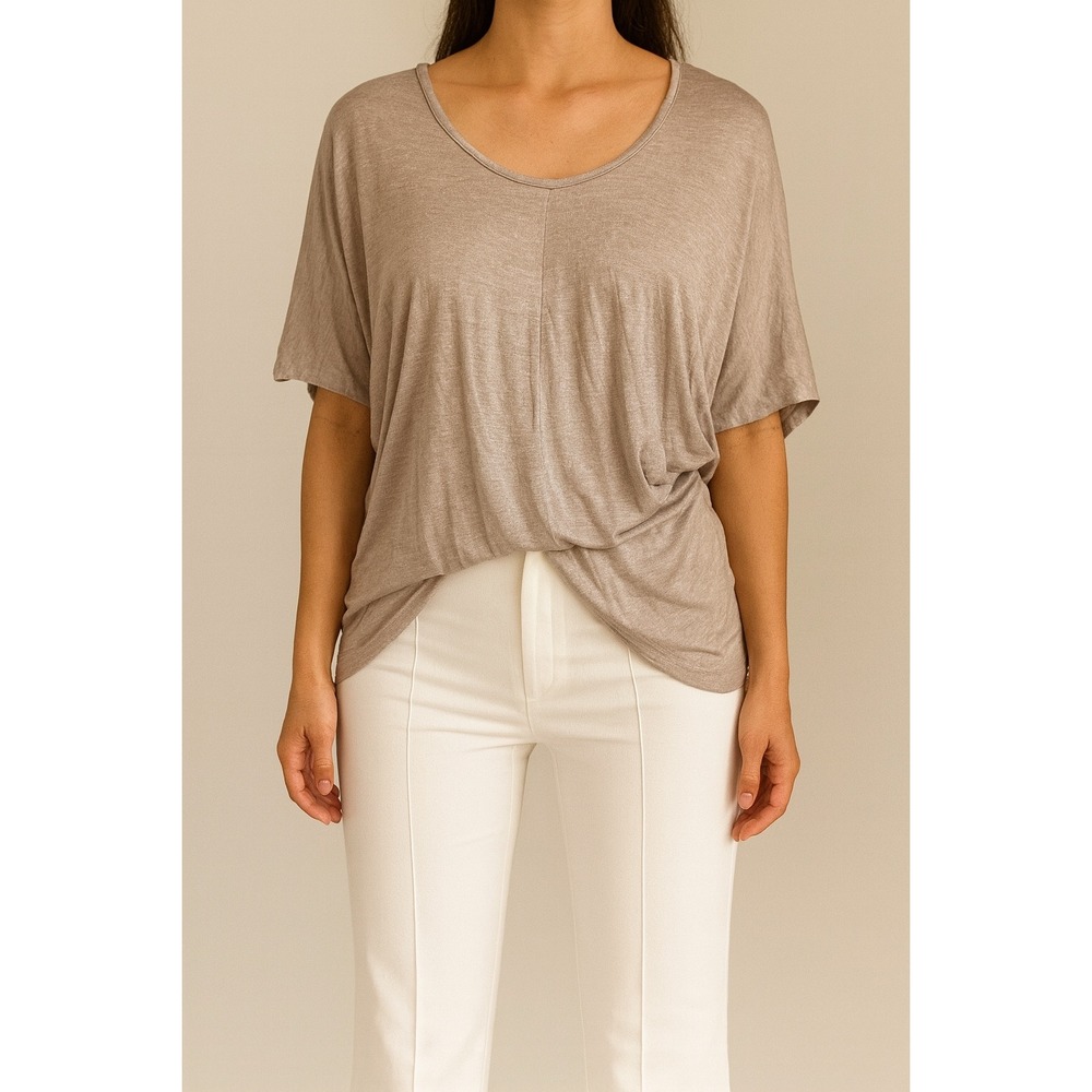 Amber Blue Womens Top Size M Metallic Beige Dolman Sleeve Scoop Neck‎ Casual